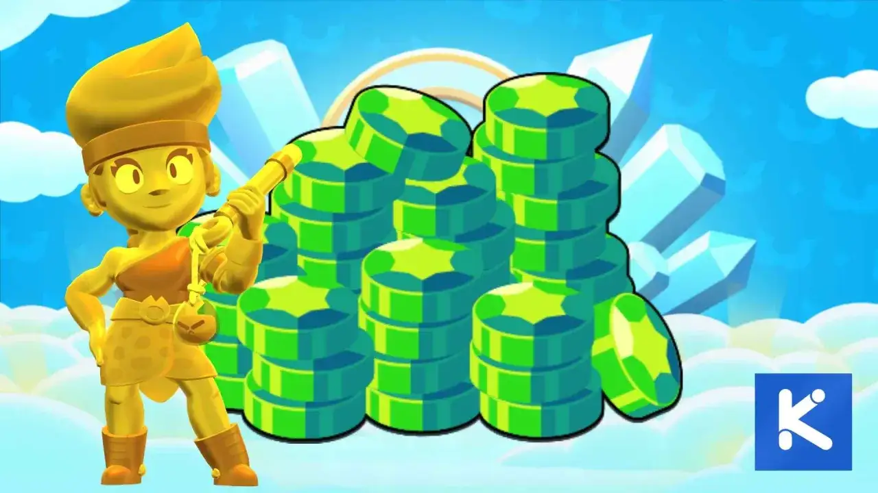 Złota postać z Brawl Stars trzymająca laskę, obok stosy zielonych klejnot&oacute;w. Szukasz kody qr do Brawl Stars na gemy?