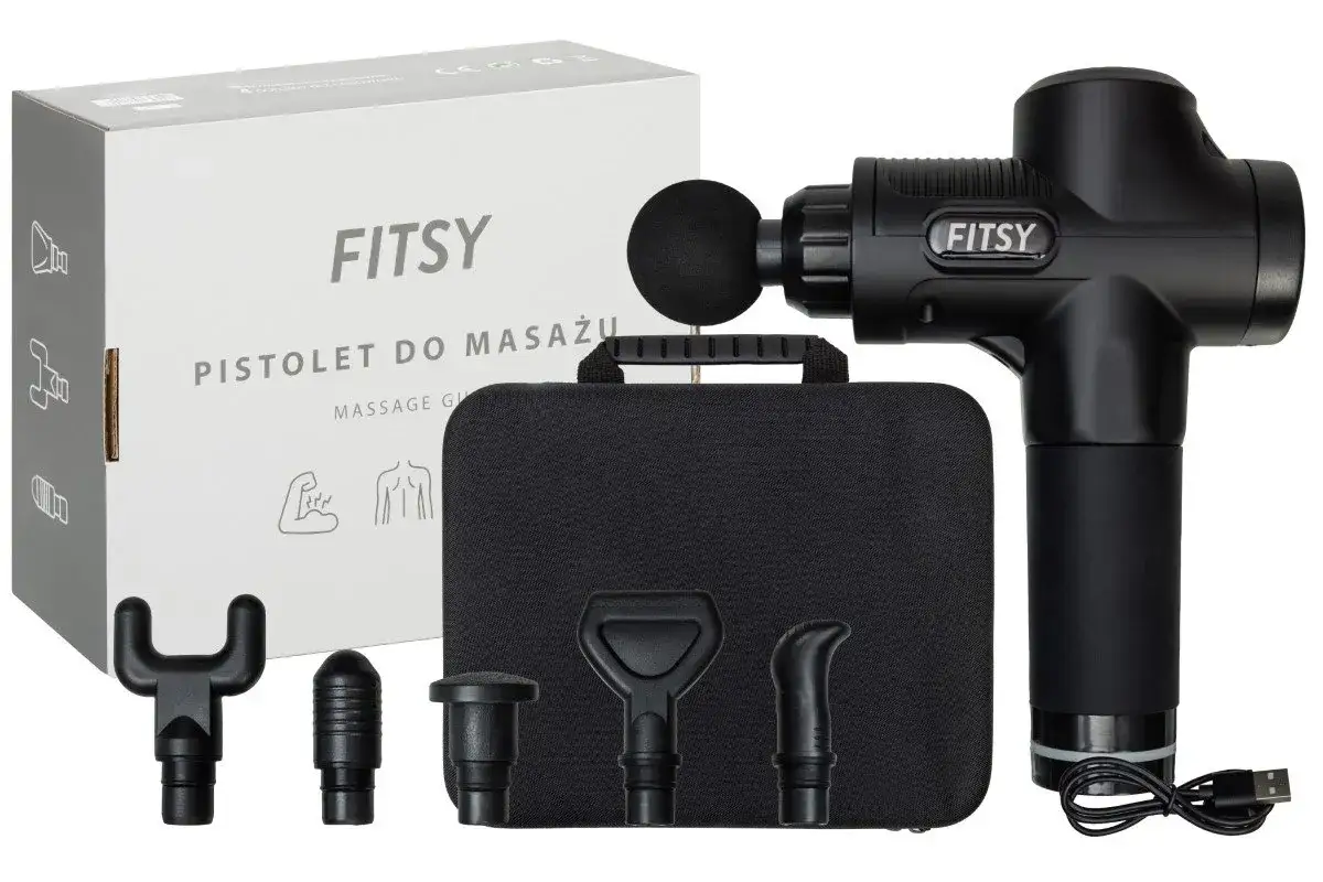 Pistolet do masażu FITSY z akcesoriami i walizką. Przed użyciem zapoznaj się z przeciwwskazaniami.