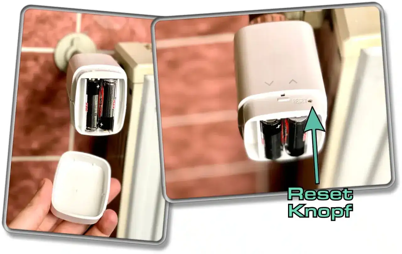 Zwei Bilder zeigen einen eve thermo. Links: Batteriefach offen mit Batterien. Rechts: Reset-Knopf hervorgehoben.
