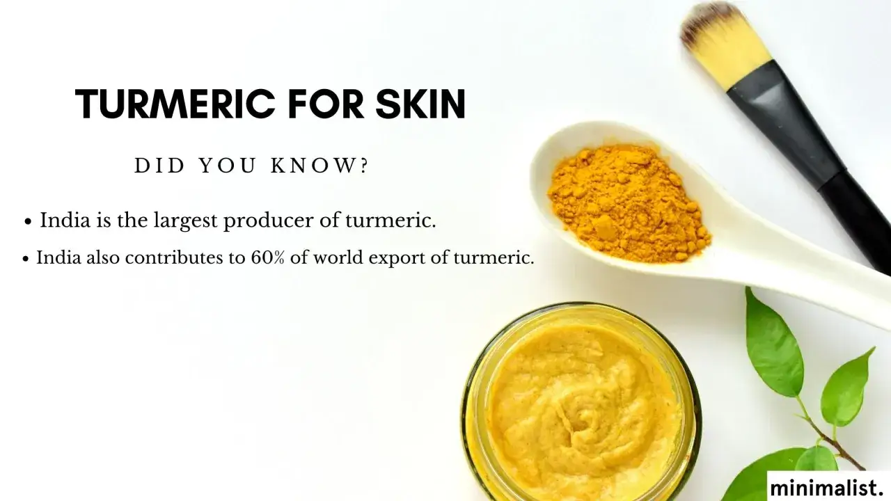 Crema de c&uacute;rcuma para la piel, polvo de c&uacute;rcuma en cuchara y pincel de aplicaci&oacute;n. India es el mayor productor de c&uacute;rcuma.