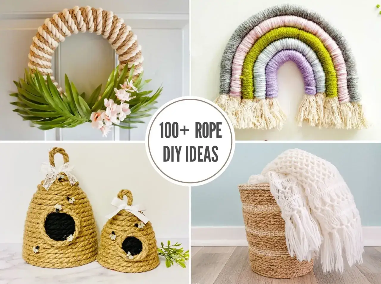 Ideas de manualidades con cuerda: corona, arco&iacute;ris, colmenas decorativas y cesta.