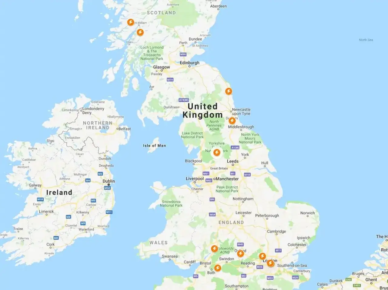 Kartan visar platser i Storbritannien och Irland, med markörer som kan representera platser relaterade till Harry Potter i England.