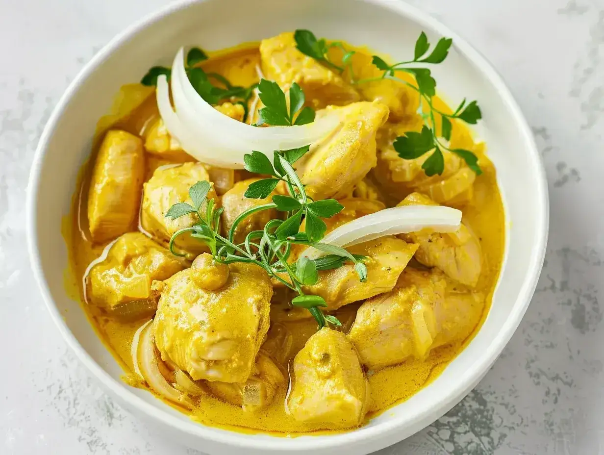 Kyckling i krämig currysås, perfekt för ett snabbt currysås recept. Garnerad med lök och persilja.