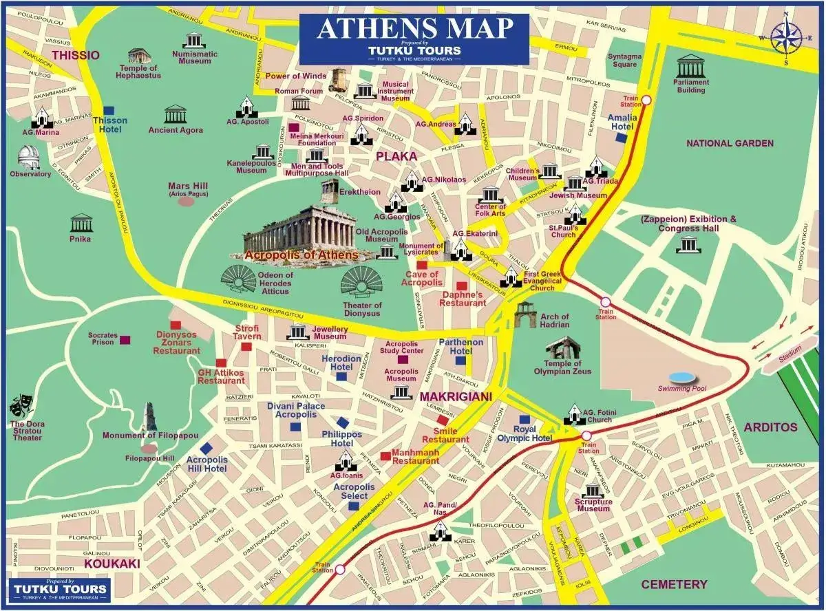 Mapa Aten z zaznaczonymi zabytkami: Akropol, Świątynia Zeusa Olimpijskiego, Agora. Idealna do planowania, co zobaczyć w Atenach.