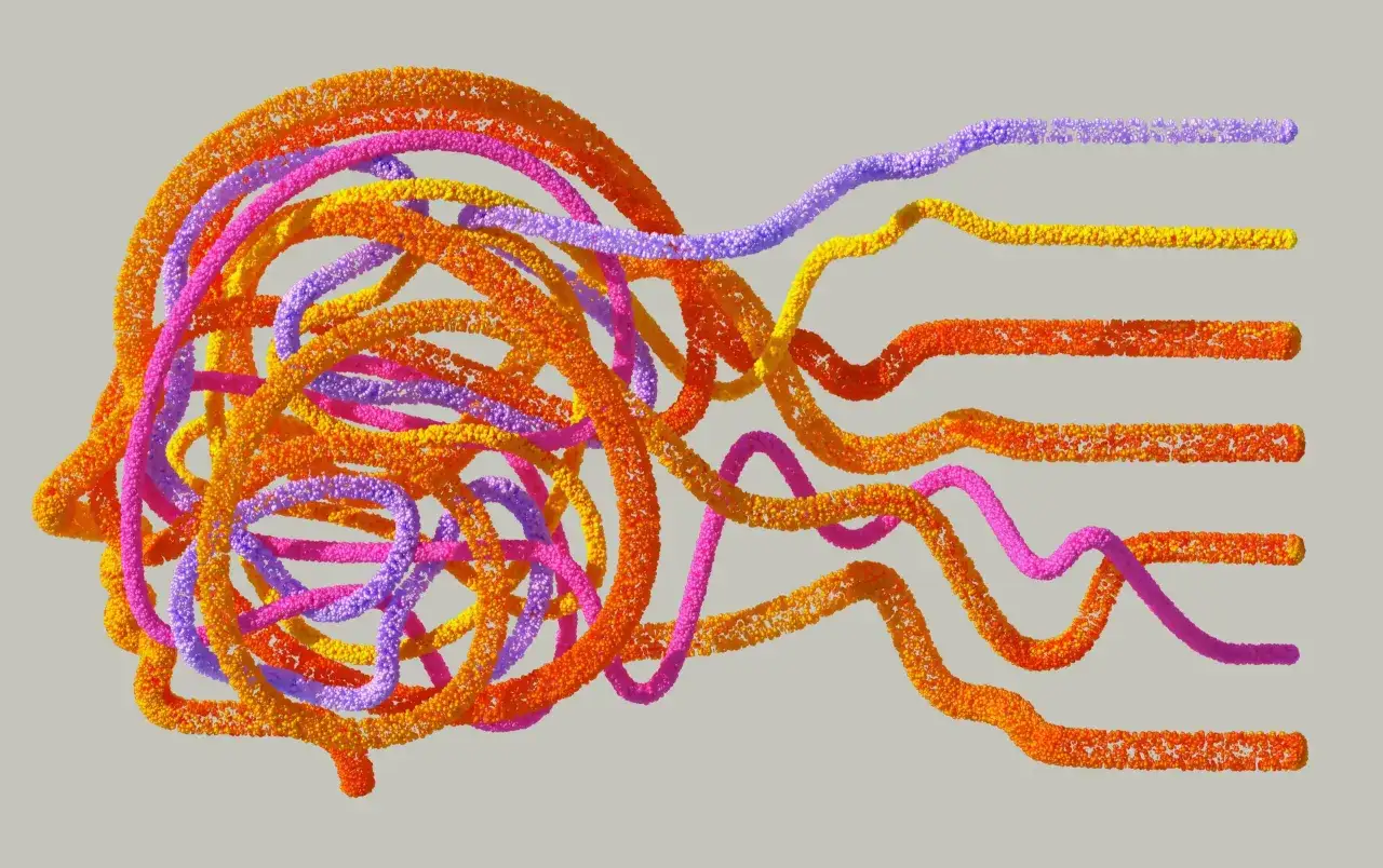 Bunte, verdrehte Stränge formen eine Kopfform, die an Torticollis spasticus erinnert.