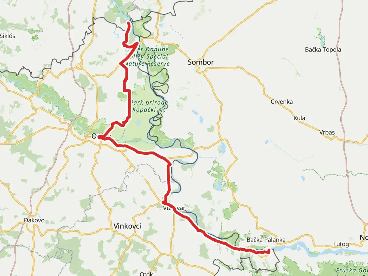 Mapa de la ruta EuroVelo 6, que atraviesa el Parque Natural de Kopački Rit y el Valle del Danubio, pasando por Vinkovci y Sombor.