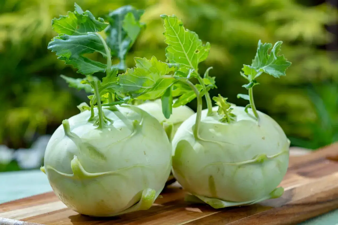 Deux choux-raves frais sur une planche en bois, prêts pour une délicieuse chou rave recette.