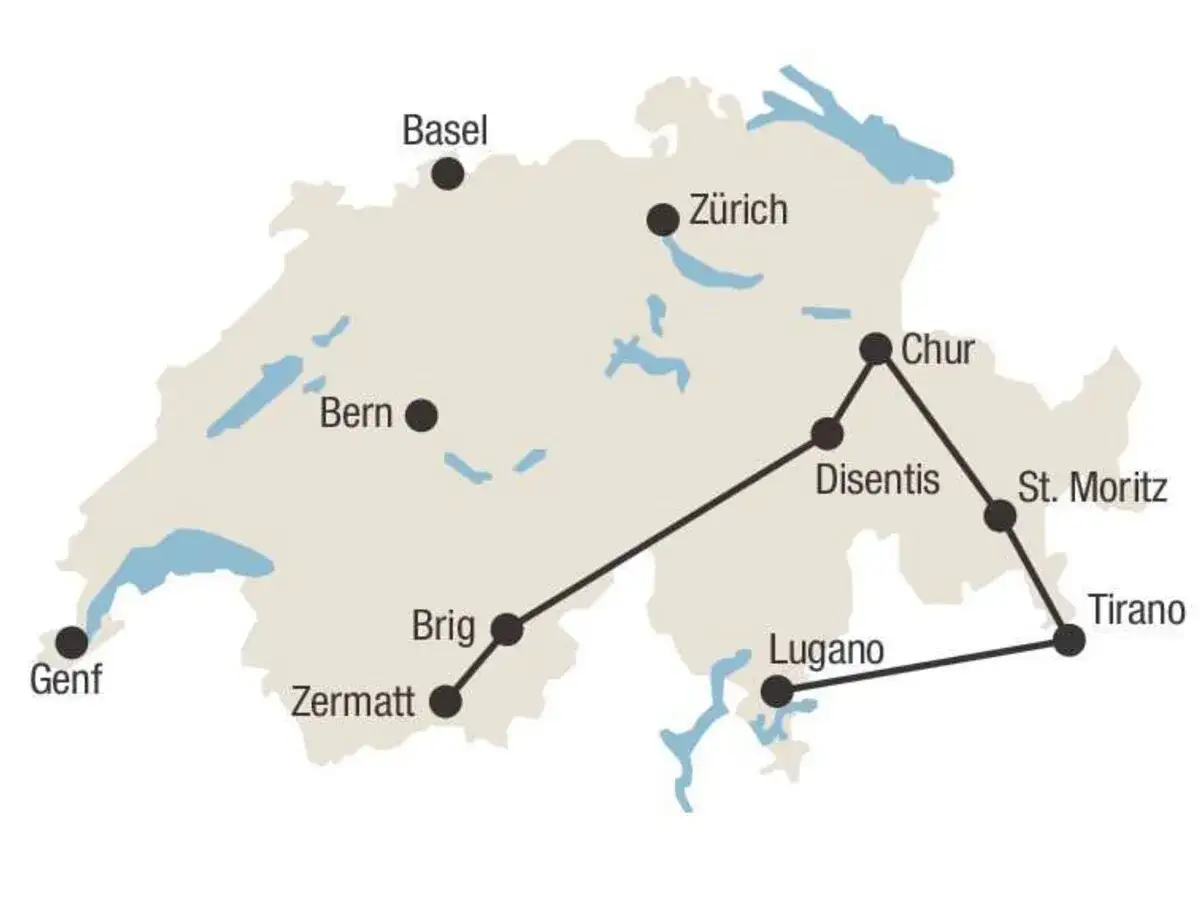 Karte der Schweiz mit markierten St&auml;dten und Routen f&uuml;r eine Interrail-Reise: Genf, Brig, Zermatt, Bern, Basel, Z&uuml;rich, Chur, Disentis, St. Moritz, Tirano, Lugano.
