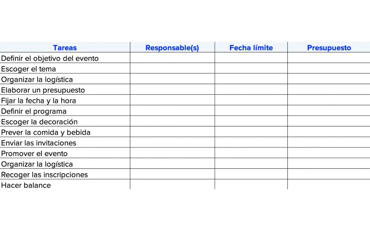 Tabla de tareas para organizar eventos corporativos: definir objetivo, tema, log&iacute;stica, presupuesto, fecha, programa, decoraci&oacute;n, comida, invitaciones, promoci&oacute;n e inscripciones.