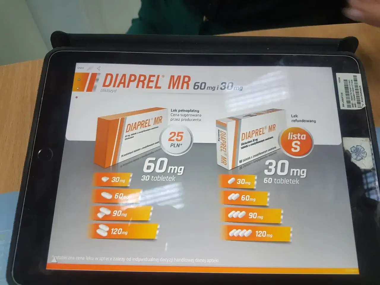 Ekran tabletu prezentuje lek Diaprel MR z gliklazydem, dostępne dawki 30, 60, 90 i 120 mg.