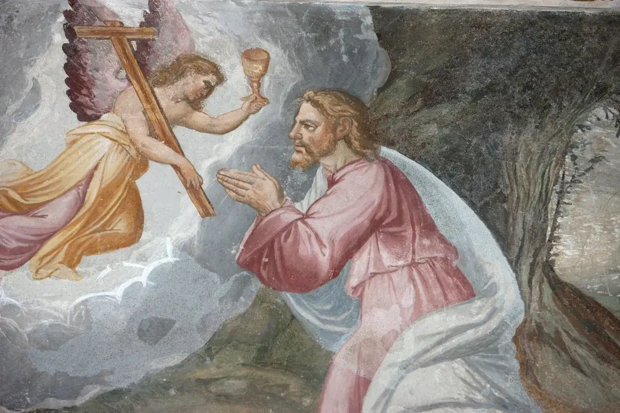 Ein Engel mit Kreuz und Kelch erscheint Jesus im Gebet, wie in Johannes 17 beschrieben.
