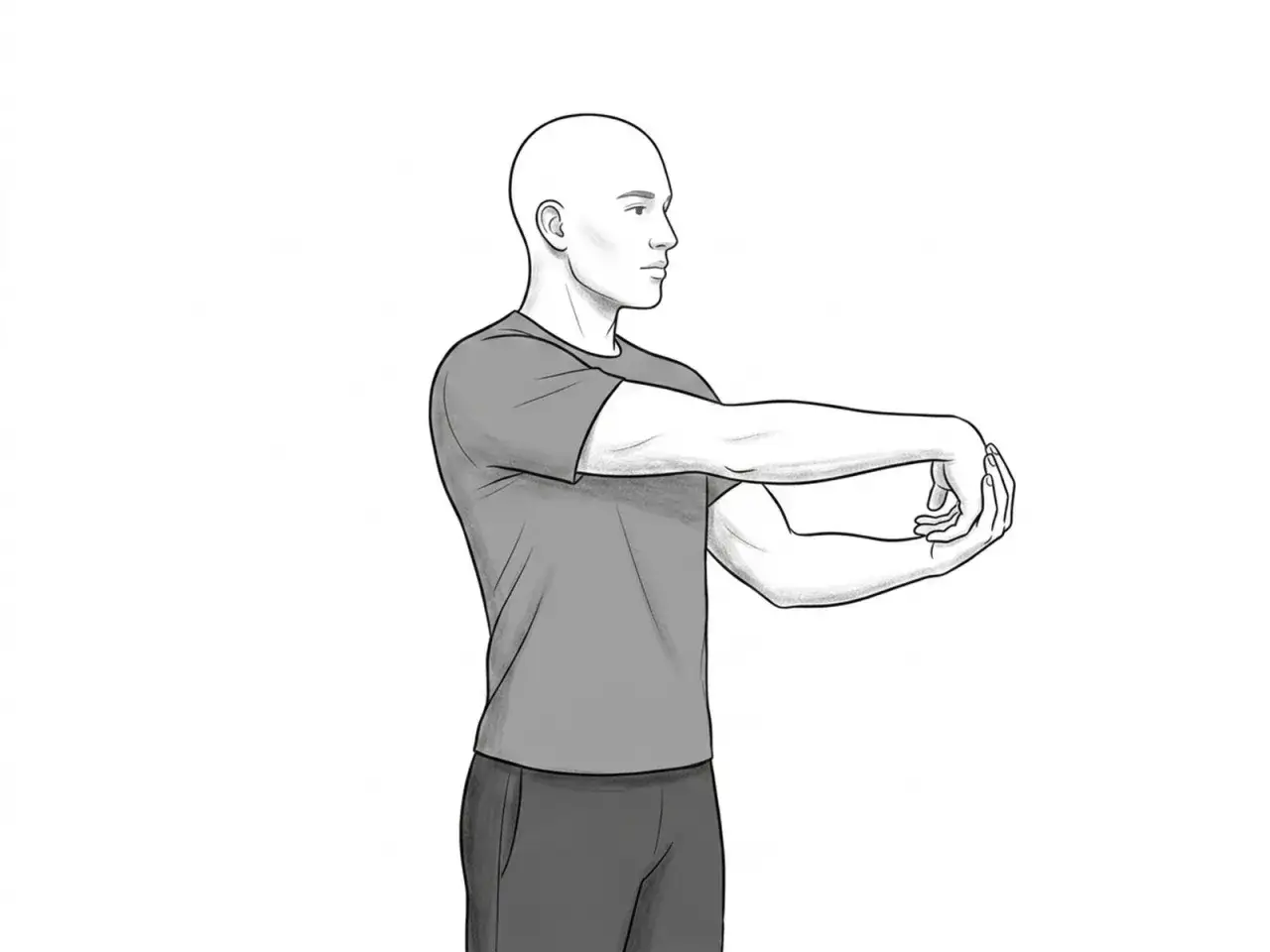 Man stretcha underarm genom att böja handleden bakåt med hjälp av andra handen.