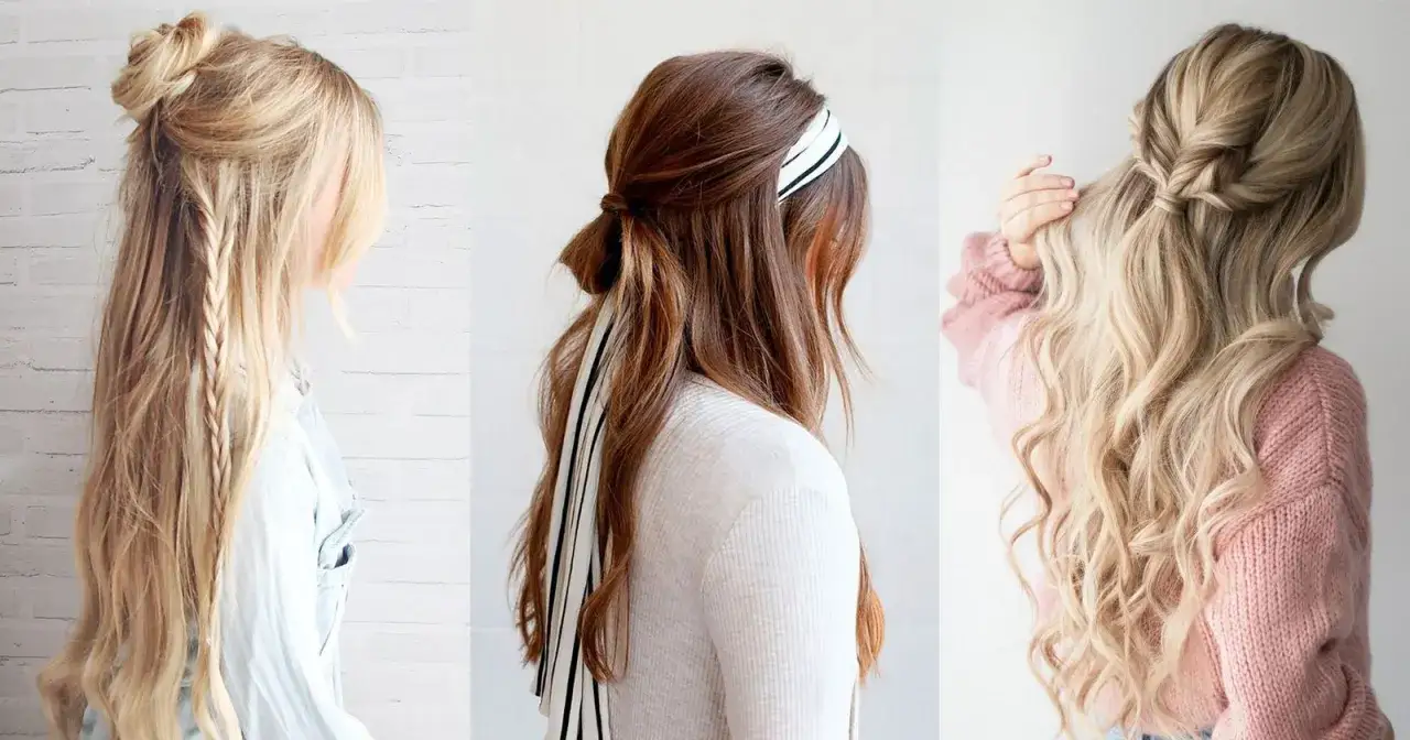 Tres peinados semirecogido: uno con mo&ntilde;o y trenza, otro con pa&ntilde;uelo y un tercero con trenza retorcida.