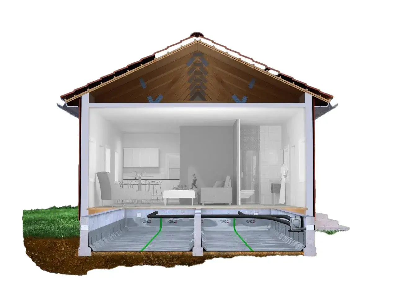 Illustration av ett hus med krypgrund. En avfuktare är installerad i krypgrunden för att hantera fukt.