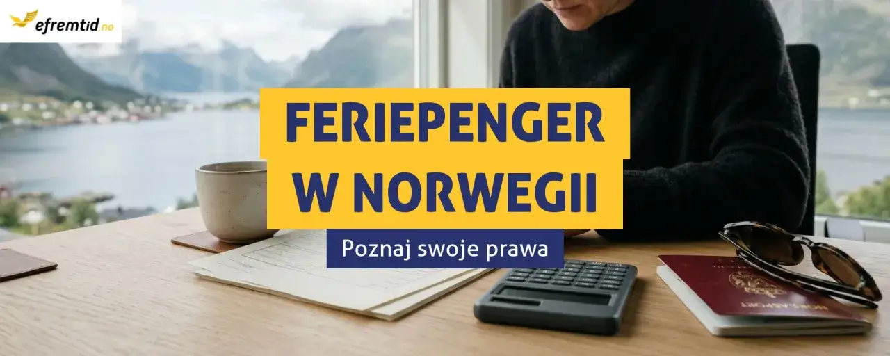 Feriepenger Norwegia: dokumenty, kalkulator i paszport na stole. Piękny widok za oknem.