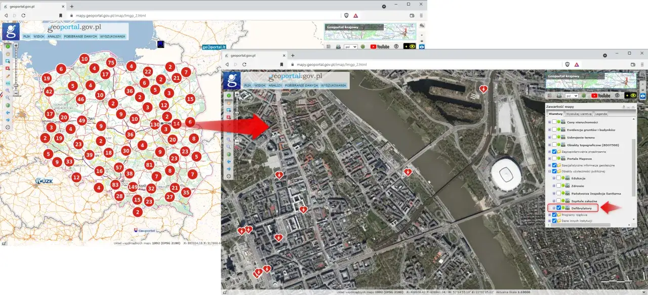 Defibrylator AED z elektrodami na manekinie