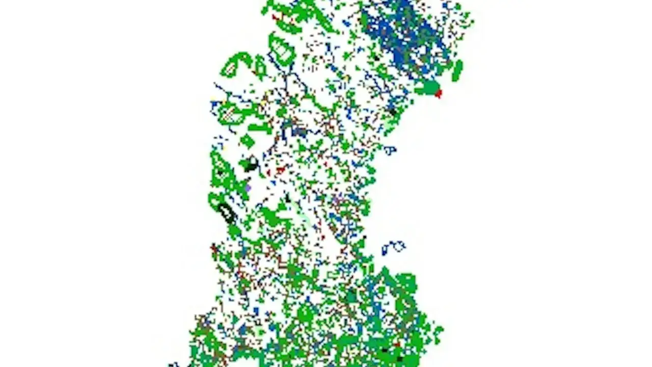 Karta som visar hur många nationalparker det finns i Sverige, med olika färger för att representera olika områden.