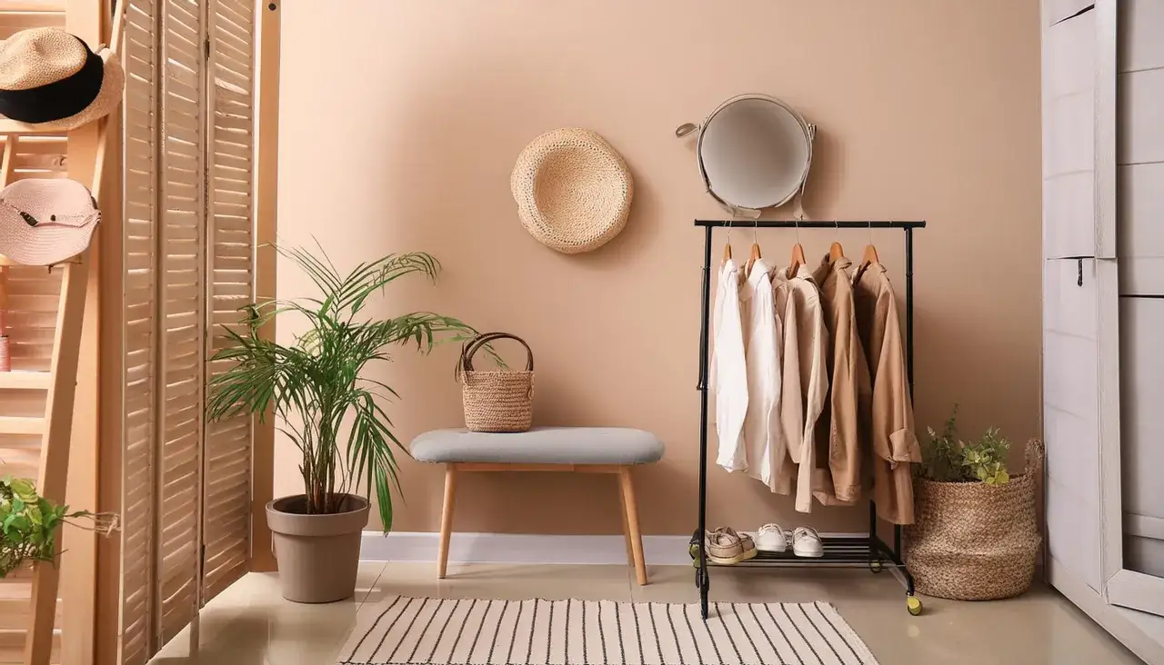 Stilvoller Flur renovieren: Garderobe mit Kleiderständer, Spiegel, Bank, Pflanzen und Hüten.