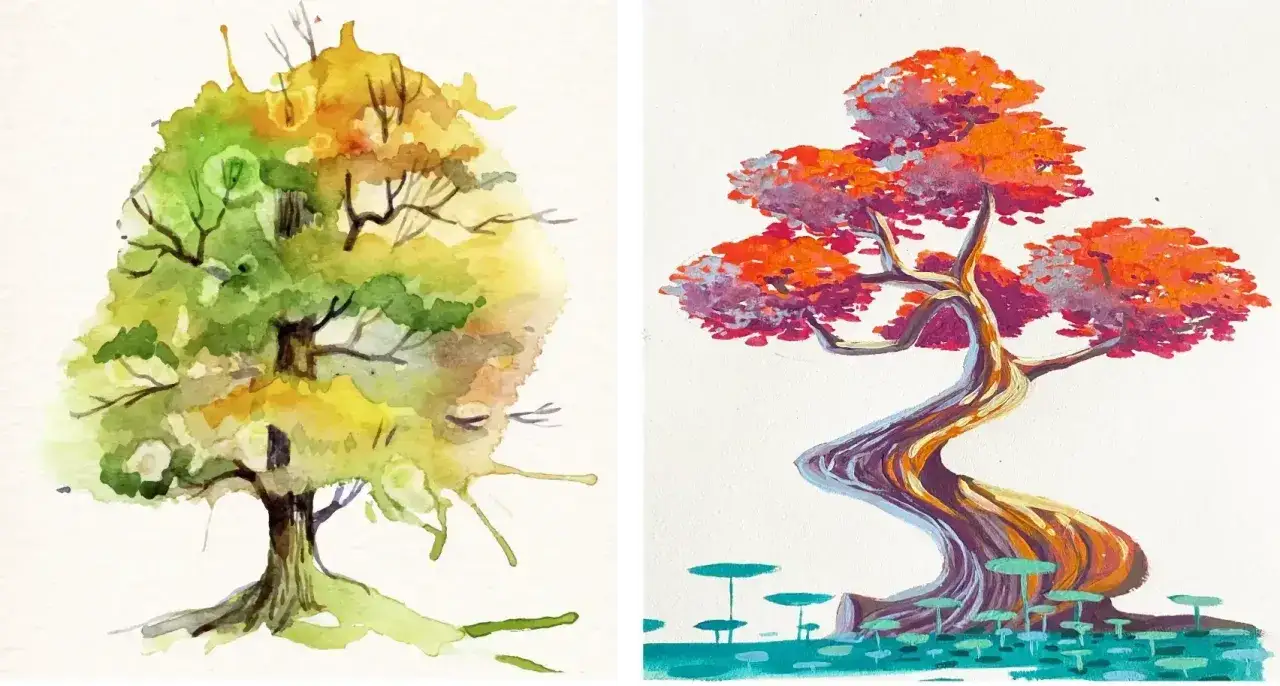 Comparaison visuelle : différence aquarelle et acrylique. Un arbre aux teintes vertes et jaunes, style aquarelle, côtoie un arbre aux couleurs vives, style acrylique, avec des nénuphars.
