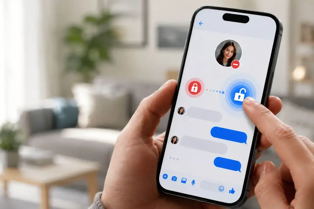 Palec dotyka ikony odblokowanego zamka na ekranie telefonu, pokazując jak odblokować kogoś na FB na telefonie.