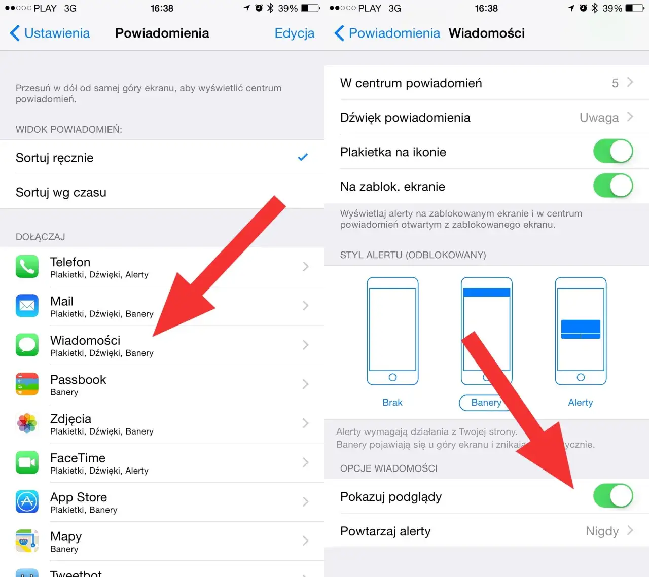 iPhone ustawienia powiadomień wiadomości podgląd