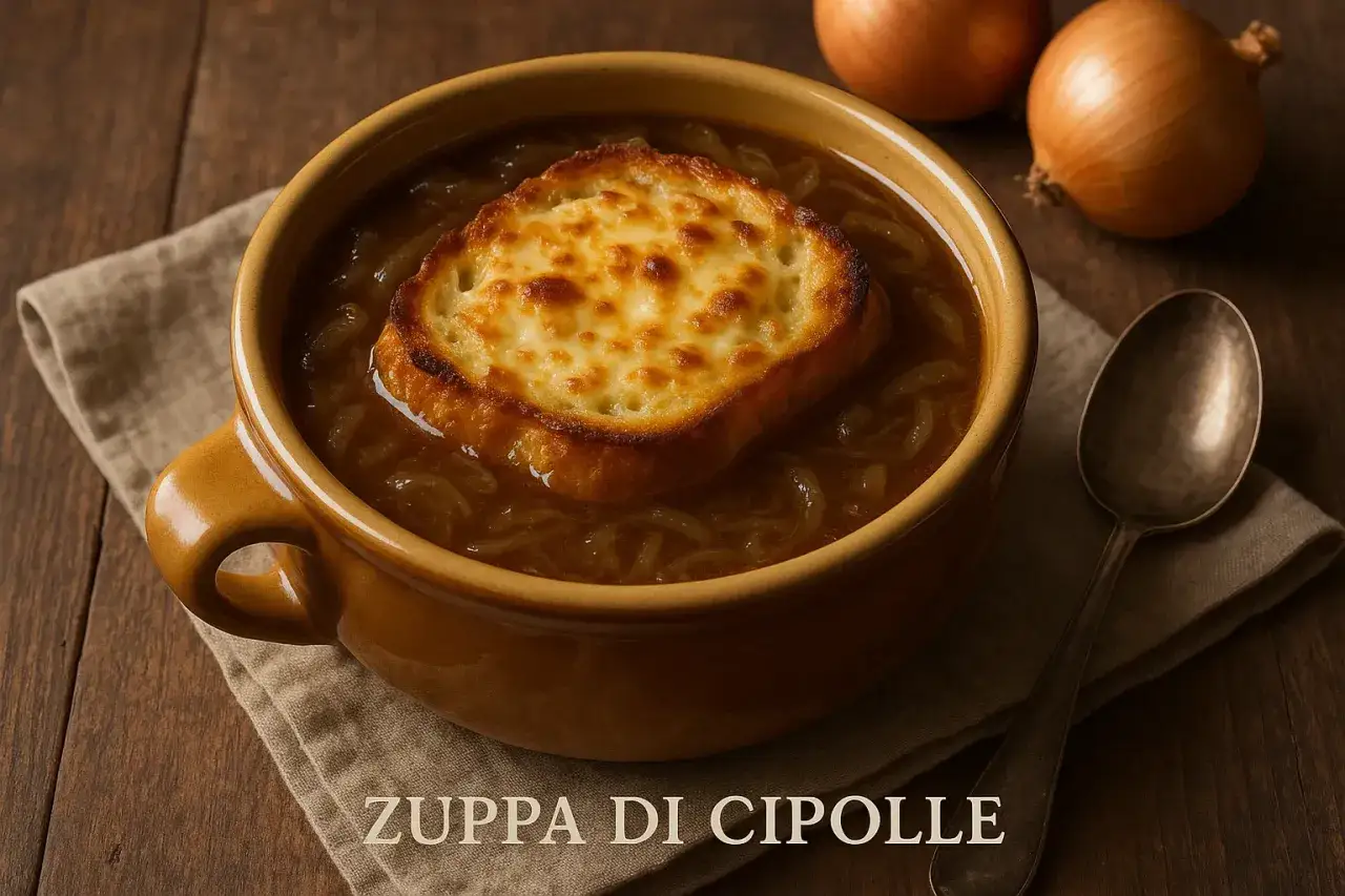Zuppa di cipolle, la ricetta della nonna: un classico confortante con crostino gratinato.
