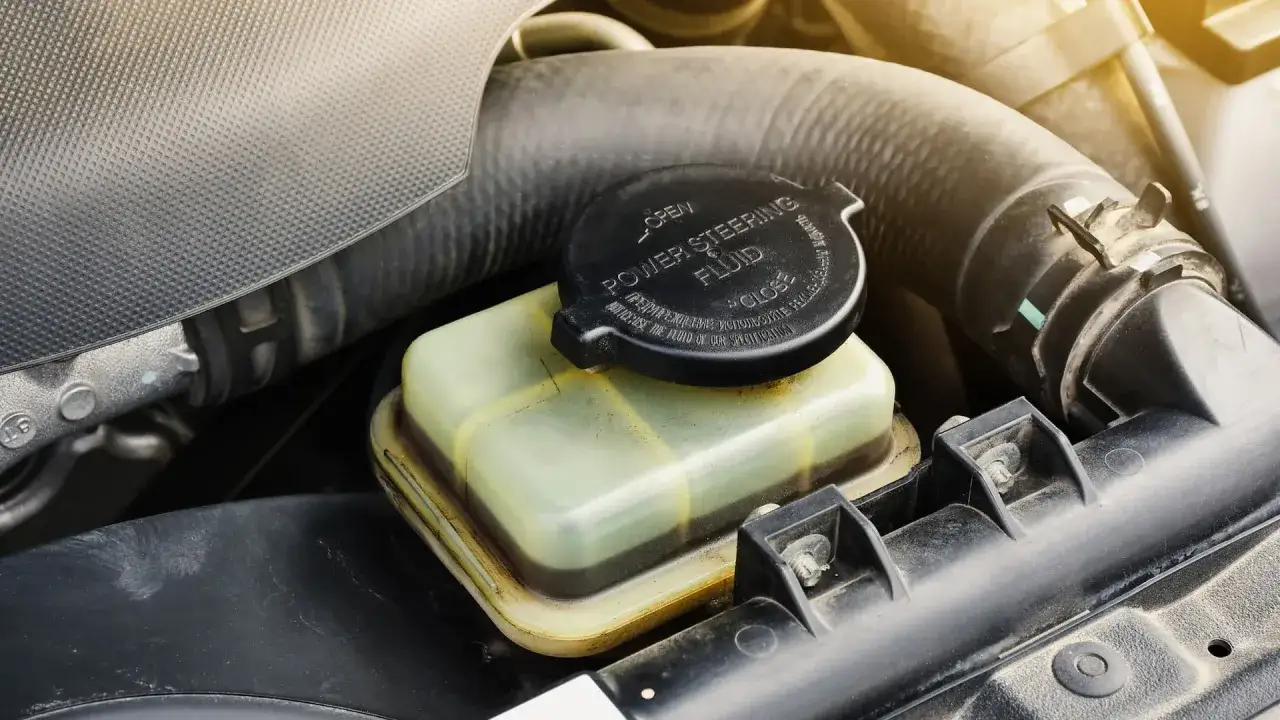 Depósito de aceite de dirección asistida de un coche. El líquido amarillento indica que es hora de mezclar aceite dirección asistida.