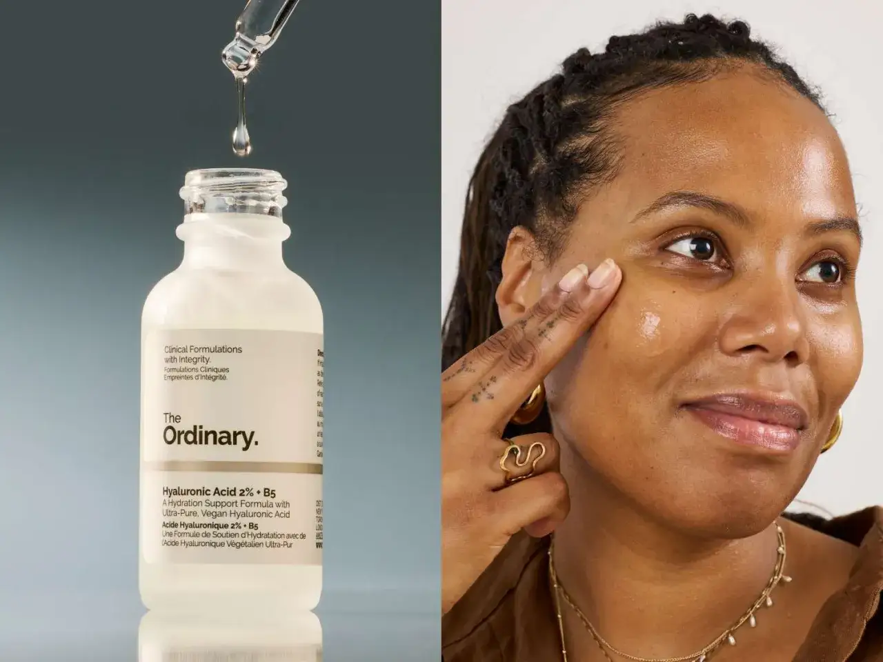 Hochdosiertes Hyaluron Serum von The Ordinary wird auf die Haut aufgetragen.