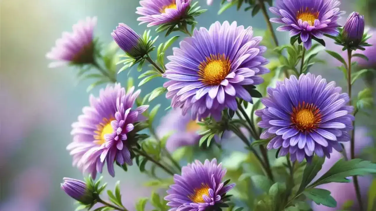 Un grupo de vibrantes flores de septiembre, con p&eacute;talos morados y centros amarillos, se alzan entre hojas verdes.