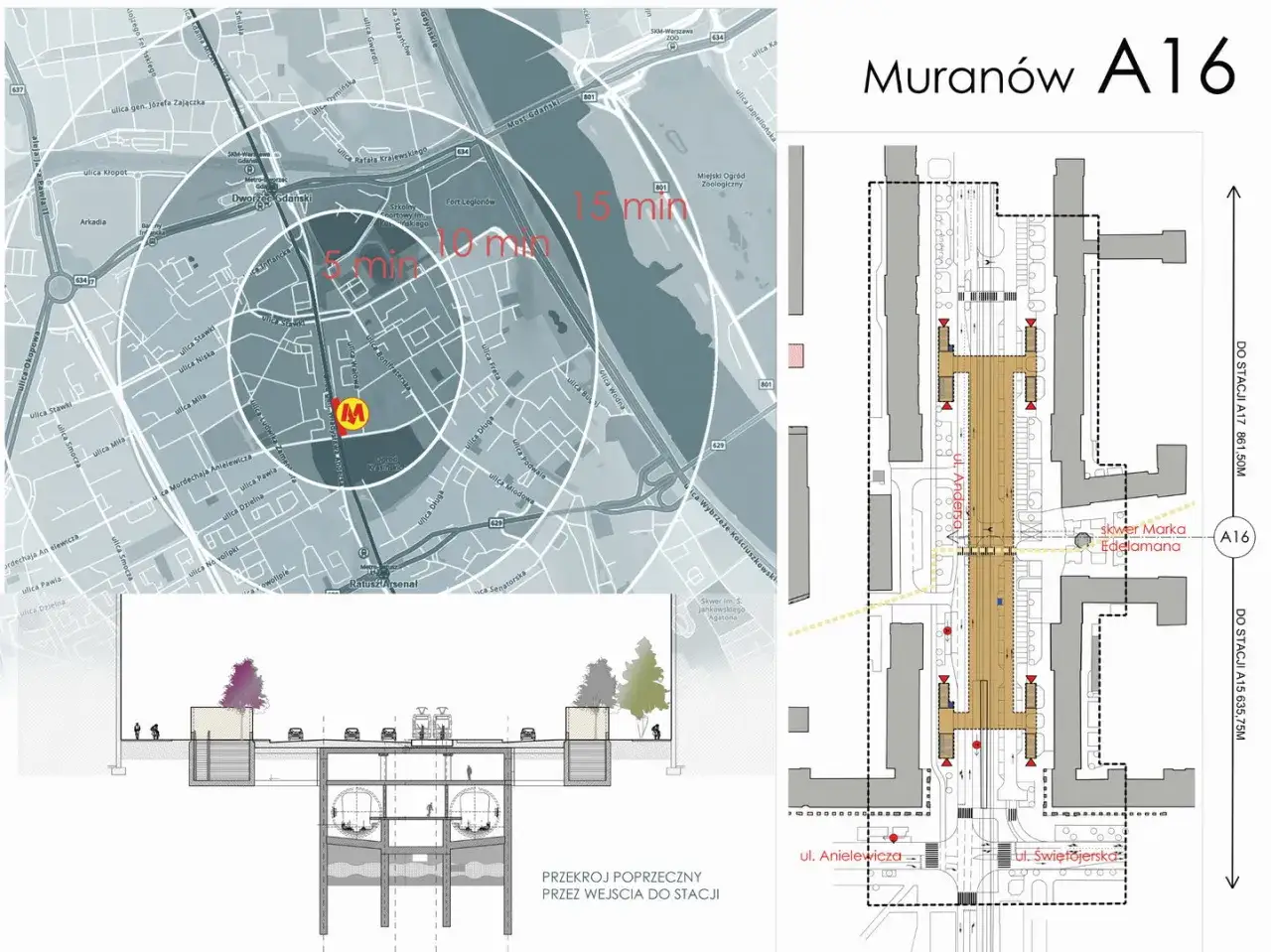 Mapa Warszawy z zaznaczonymi strefami dojścia do metra m1. Plan osiedla Muranów z przebiegiem ulic i stacji.