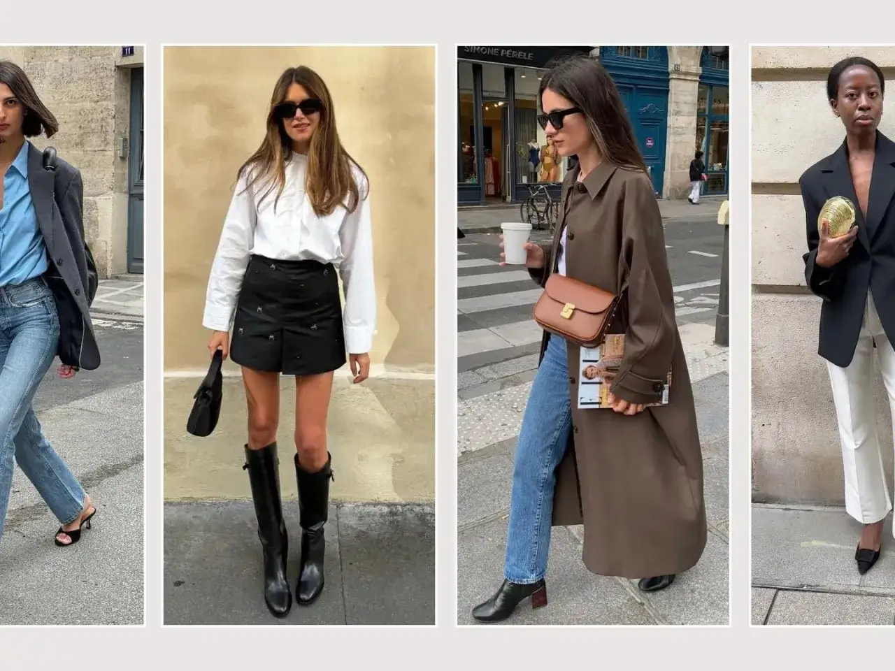 Kobiety prezentują styl francuski ubrania: jeansy, marynarki, spódniczka mini, płaszcz i eleganckie spodnie.