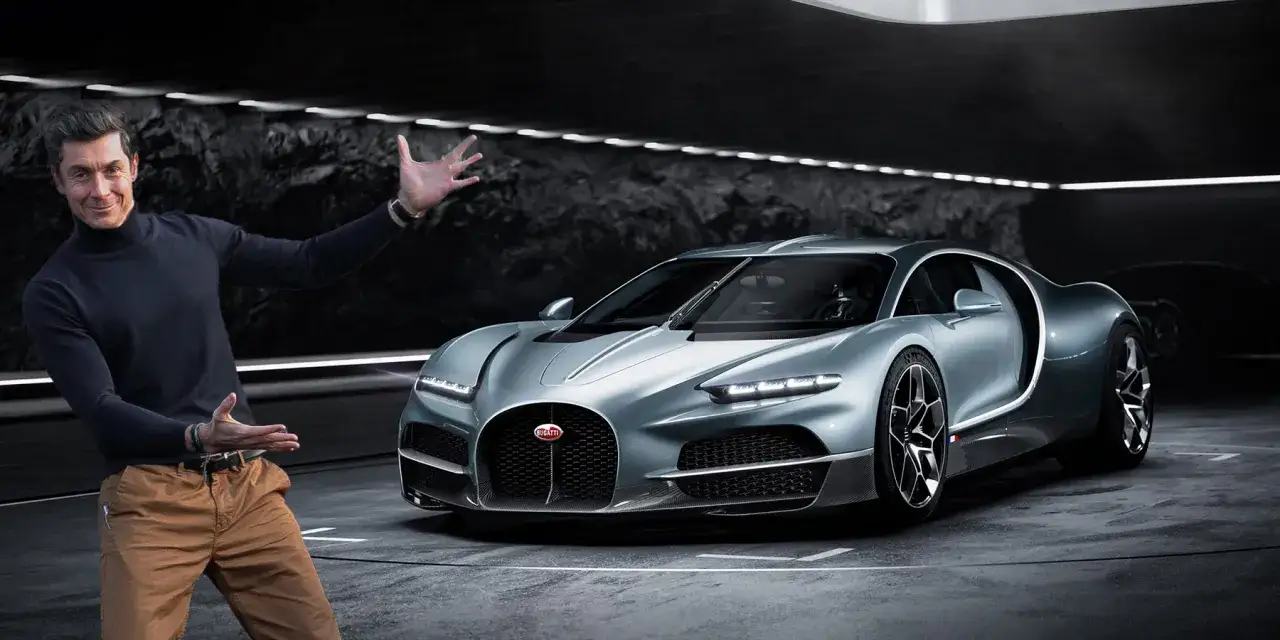 Mężczyzna prezentuje lśniące Bugatti. Zastanawiasz się, ile kosztuje Bugatti? To marzenie wielu kierowców.