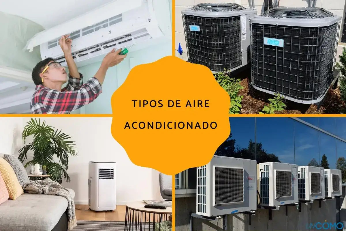 Un técnico instala un **sistema de climatización** split. Otras imágenes muestran unidades exteriores, un aire acondicionado portátil y varias unidades exteriores montadas en una pared.