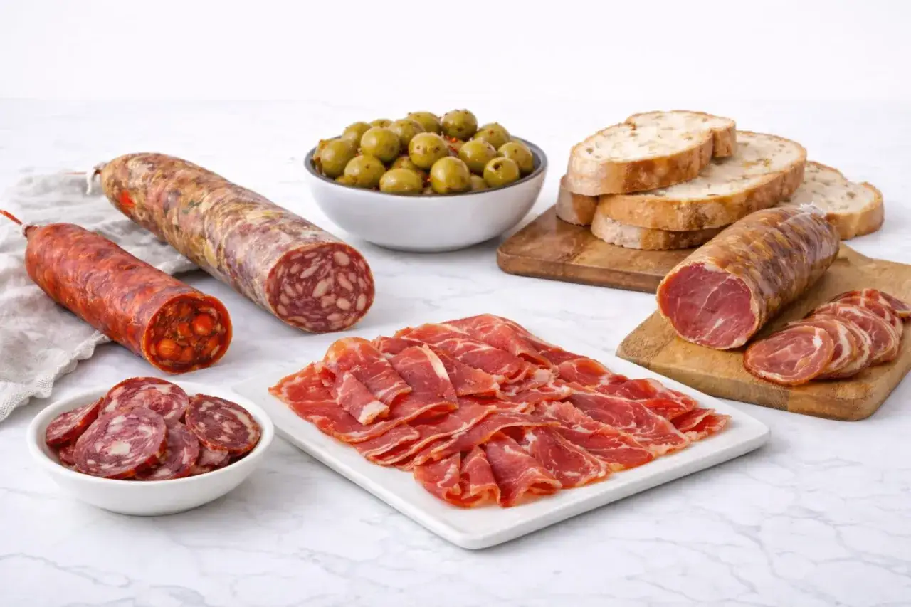 Assortiment de charcuteries espagnoles, dont chorizo et lomo, témoignant de la qualité de la viande espagnole. Olives et pain complètent ce festin.