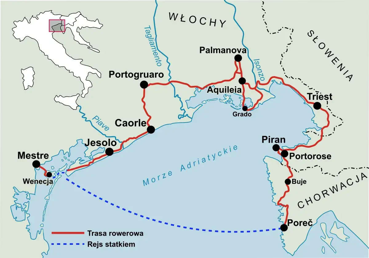 Mapa trasy rowerowej z Włoch do Chorwacji. Idealna na wakacje dojazd własny, z opcją rejsu statkiem.