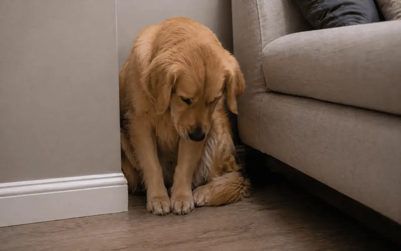Un chien qui se cache, l'air un peu triste, assis entre un mur et un canapé.