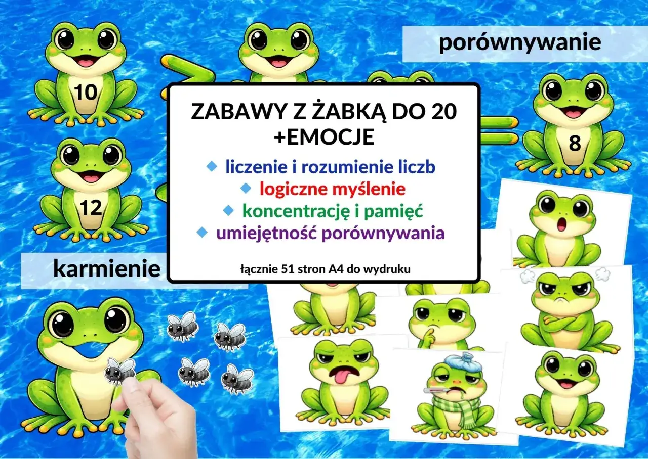 Zabawy z żabką przyjaźni rozwijają liczenie, logiczne myślenie i por&oacute;wnywanie. W zestawie są też żabki z r&oacute;żnymi emocjami.