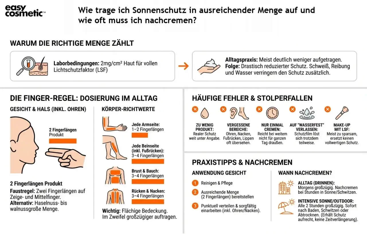 Die Grafik erklärt die richtige Anwendung von Sonnenschutz mit Lichtschutzfaktor 30. Sie zeigt die Finger-Regel für Gesicht und Körper, um die richtige Menge zu dosieren.