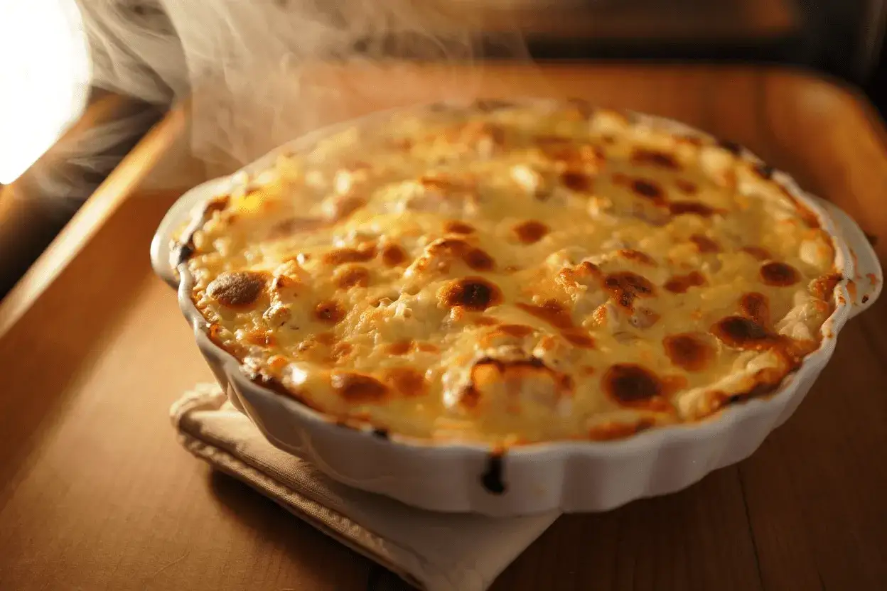 Bacalao gratinado con alioli, humeante y dorado, listo para disfrutar.