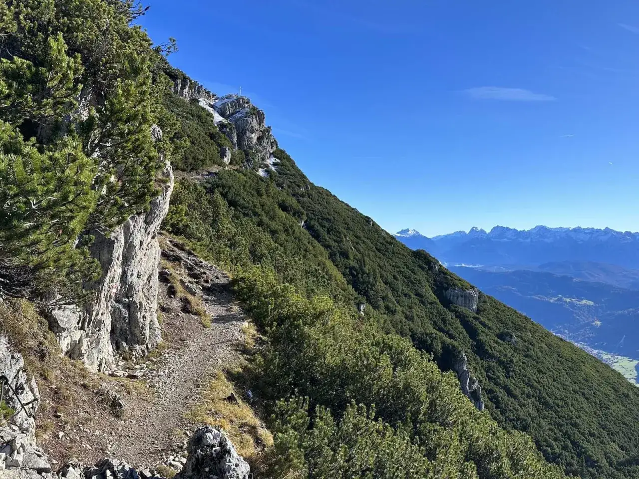 Steiler Pfad auf der Kramerspitz Wanderung, gesäumt von Felsen und Latschenkiefern. Im Hintergrund ein Gipfelkreuz und die Alpen.
