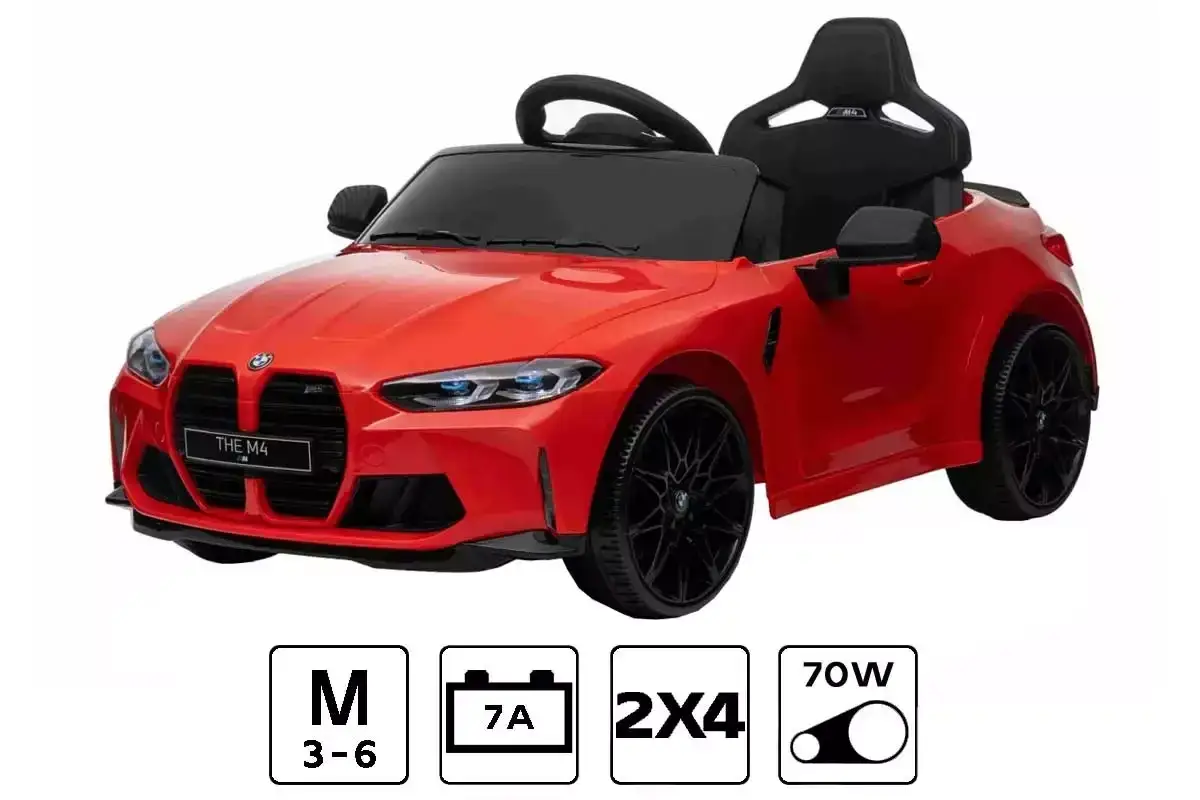 Czerwony samoch&oacute;d na akumulator, idealny jako gra samochody dla dzieci od 3 lat. Wygląda jak prawdziwe BMW M4, z czarnymi felgami i sportowym fotelem.