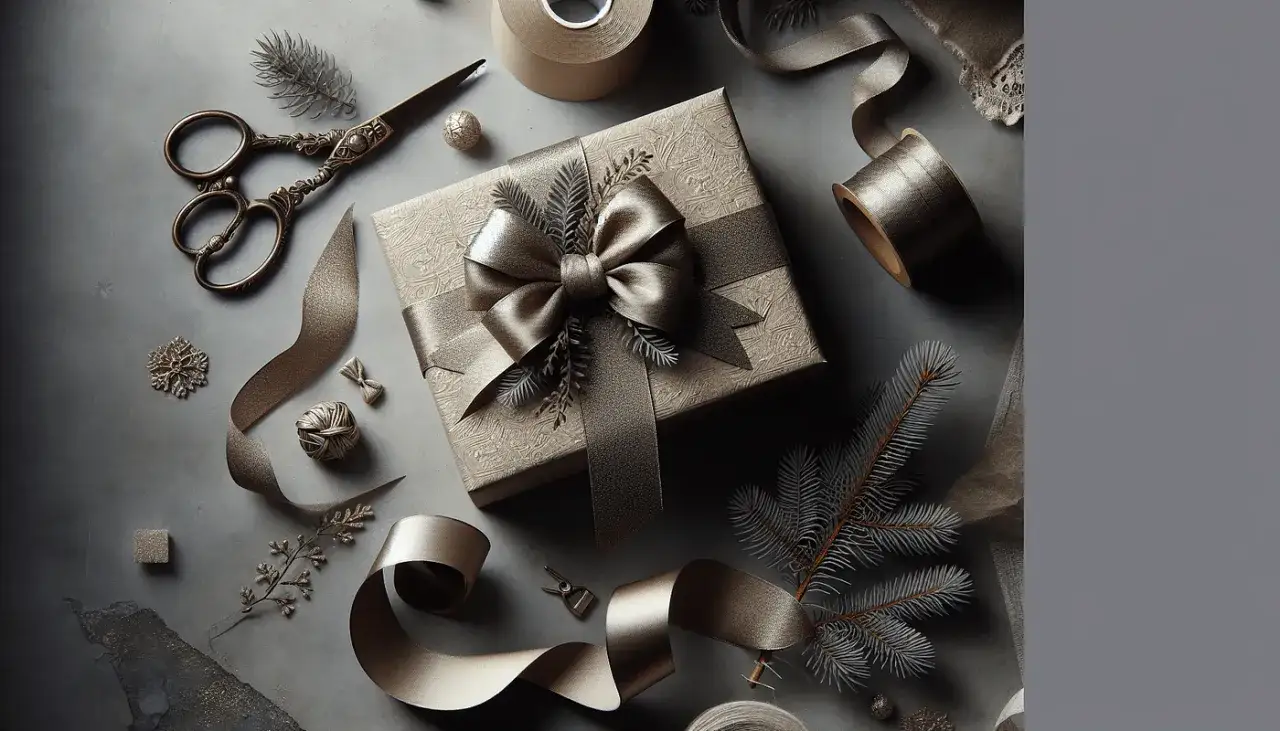 Schöne Geschenkverpackung: Anleitung mit Schere, Band und Tannenzweigen. Ein elegantes Geschenk wartet darauf, verpackt zu werden.