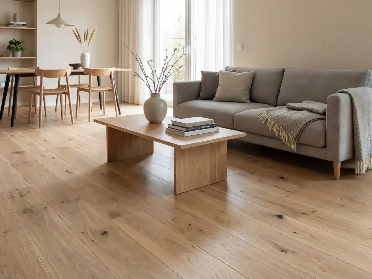Ein Wohnzimmer mit einem Sofa, Couchtisch und Essbereich. Der Boden ist aus hellem, natürlichem **Vollholz**, das Wärme und Gemütlichkeit ausstrahlt.