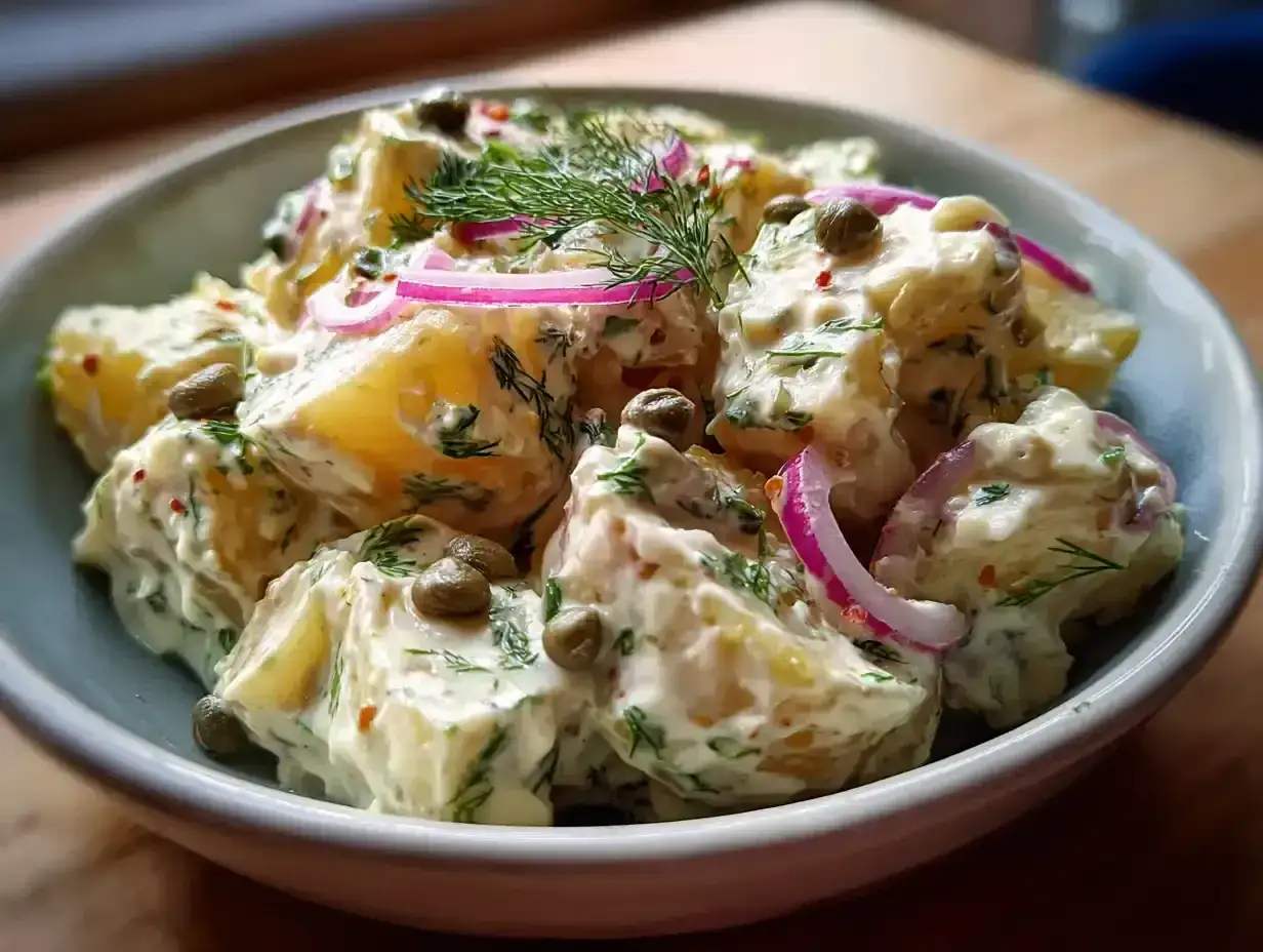 Kr&auml;mig potatissallad till grillat, med dill, kapris och r&ouml;dl&ouml;k. Perfekt som tillbeh&ouml;r!