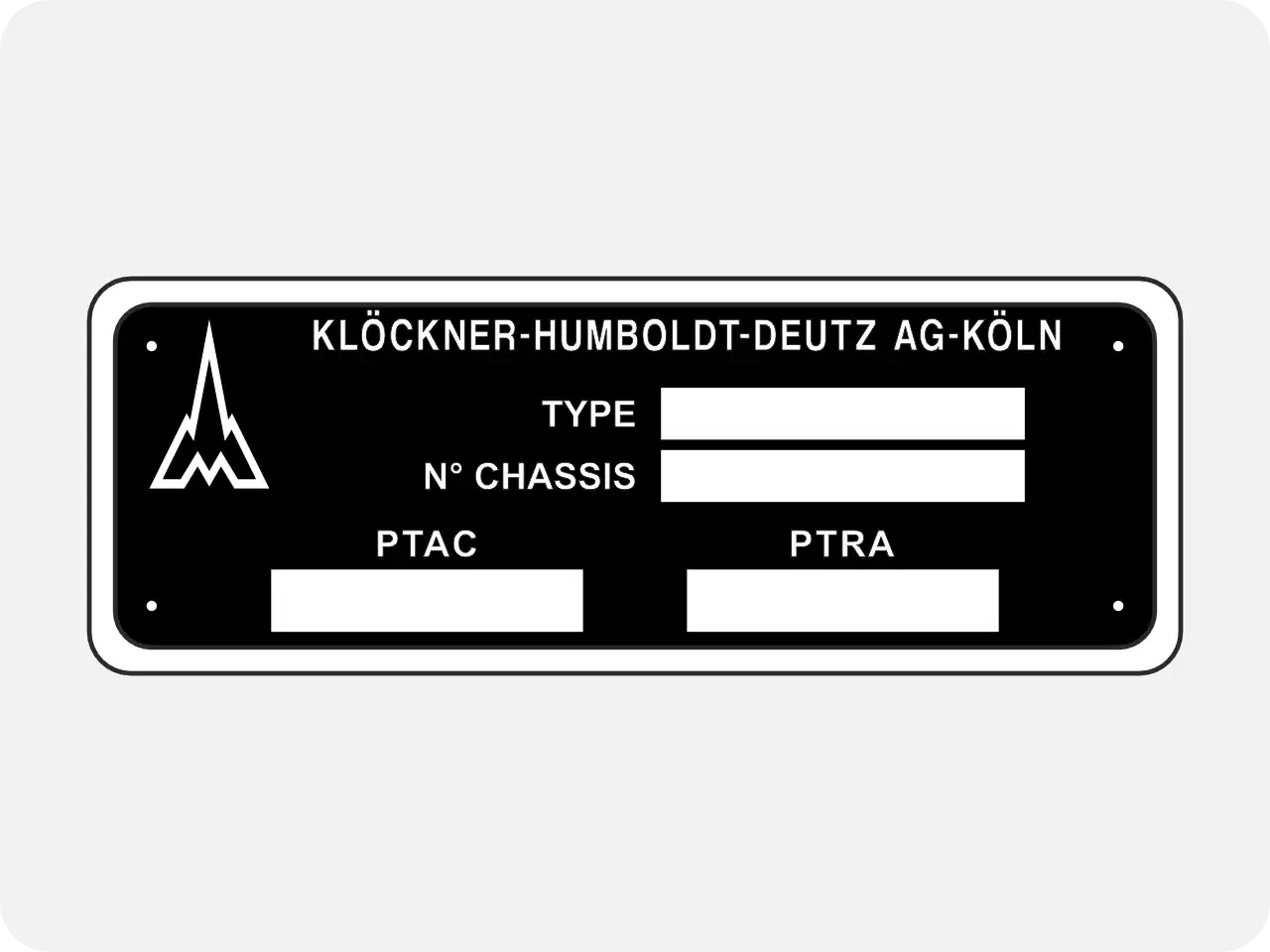 Plaque constructeur KHD AG-K&ouml;ln. Pour savoir o&ugrave; trouver OEM voiture, consultez les informations de type, N&deg; chassis, PTAC et PTRA.
