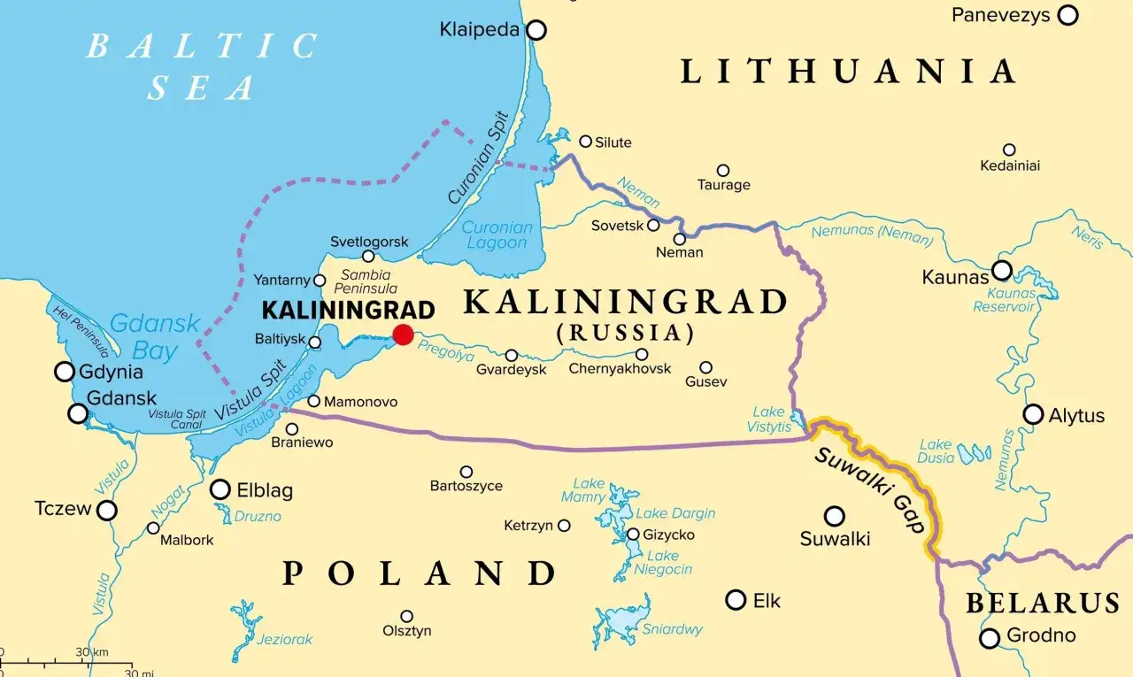Mapa pokazuje regiony Polski, Litwy, Białorusi i obwód kaliningradzki. Czy Polska graniczy z Łotwą? Mapa pokazuje, że Polska graniczy z Litwą, ale nie z Łotwą.