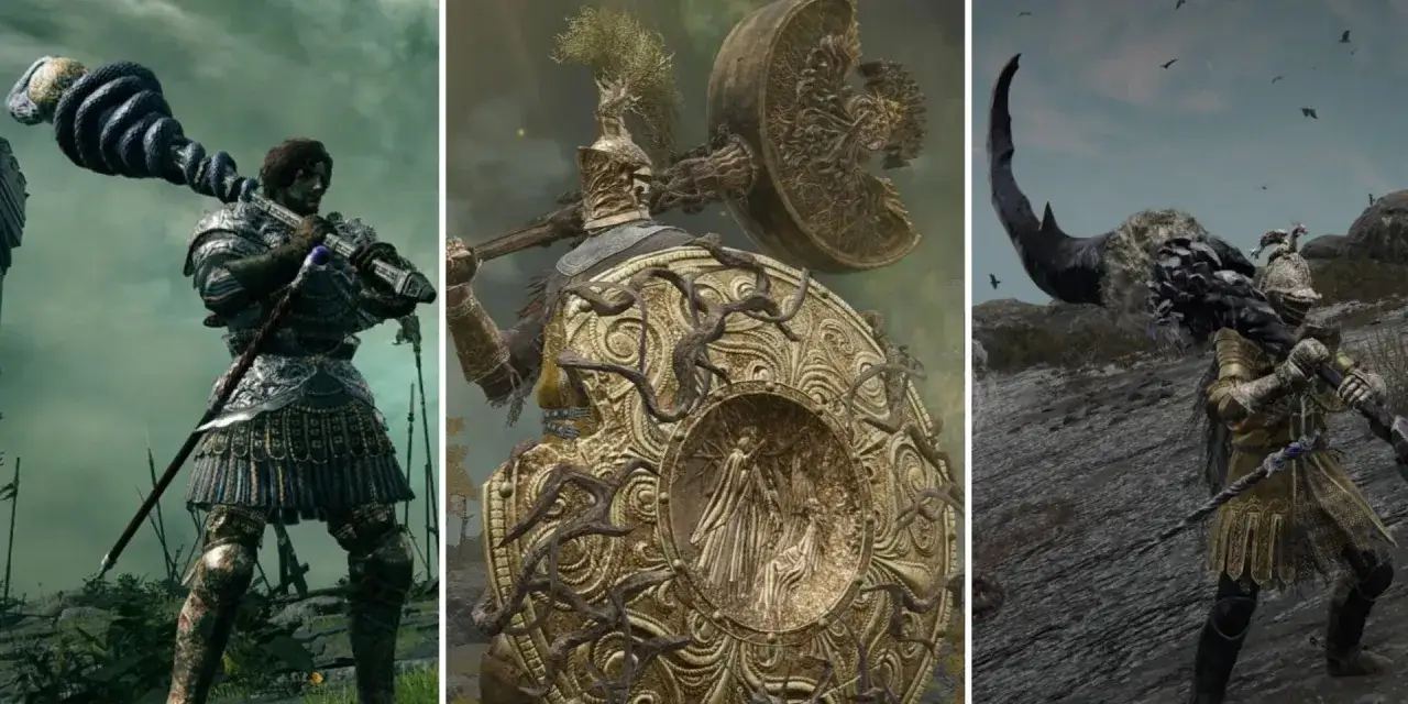 Guerreros con armaduras imponentes empuñan armas únicas, algunas de las mejores armas de Elden Ring, listas para la batalla.