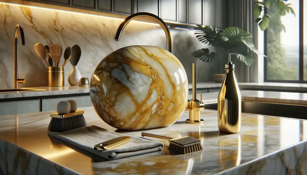Un lavabo de m&aacute;rmol dorado y blanco, con grifer&iacute;a dorada, cepillos y toalla, listo para aprender como pulir m&aacute;rmol y dejarlo reluciente.