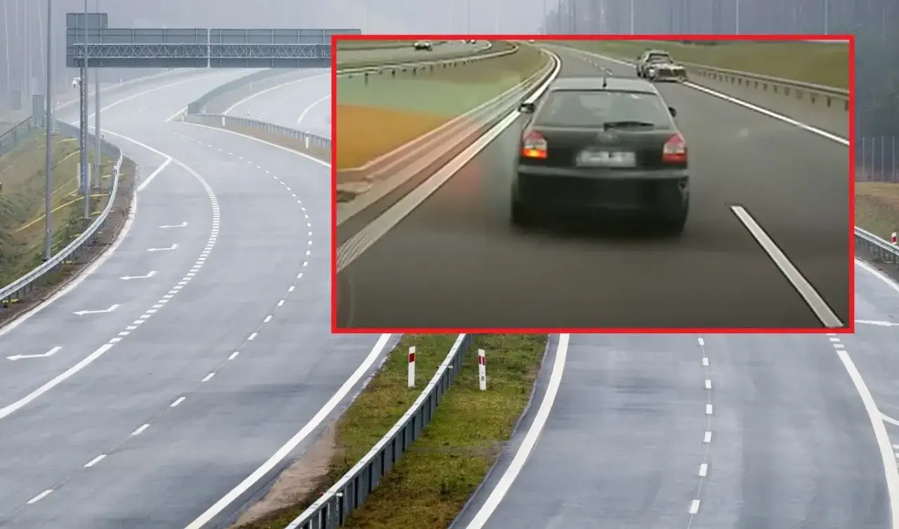 Nowe Audi A3 na pustej autostradzie. Widok z kamery samochodowej na czarny samochód jadący po mokrej drodze.