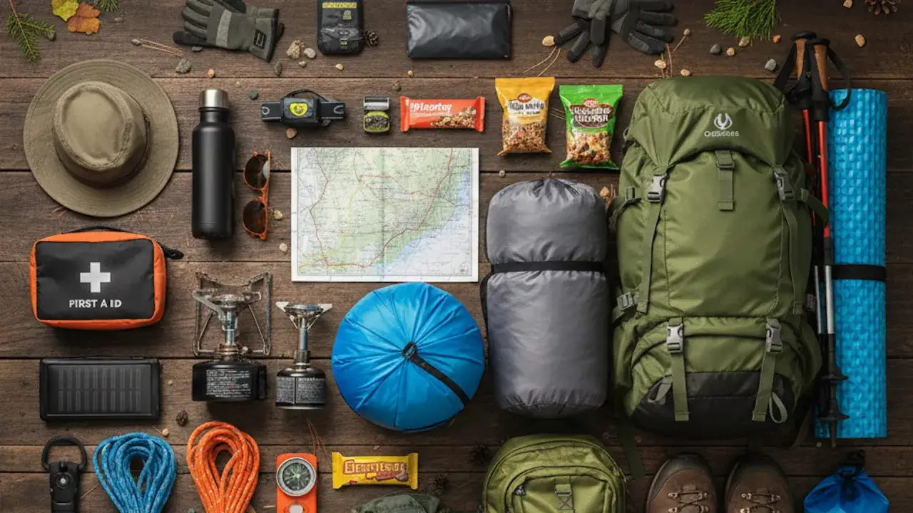 A green backpack camping gear set includes a sleeping bag, mat, poles, hat, first aid kit, water bottle, map, and food for an adventure.